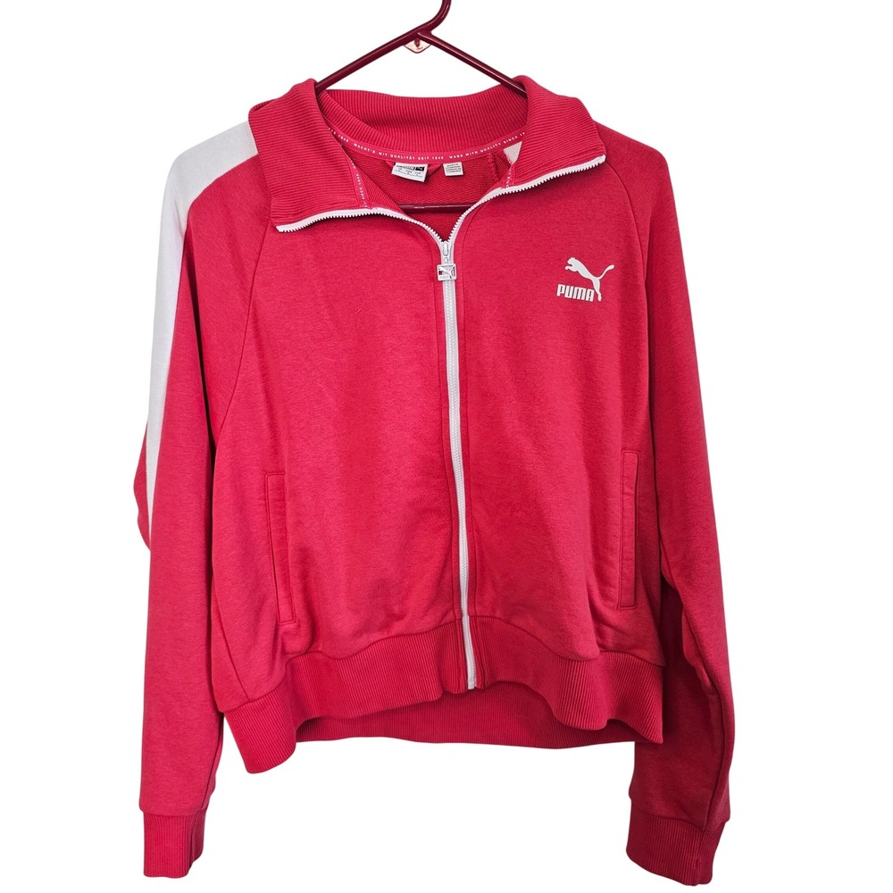Puma Womens‎ Red Full Zip Track Jacket White Stripe Mock Neck Large Sportswear